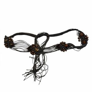 Vintage Y2K Macrame Belt Brown Beaded Boho Hippie Tie Waist Statement Belt